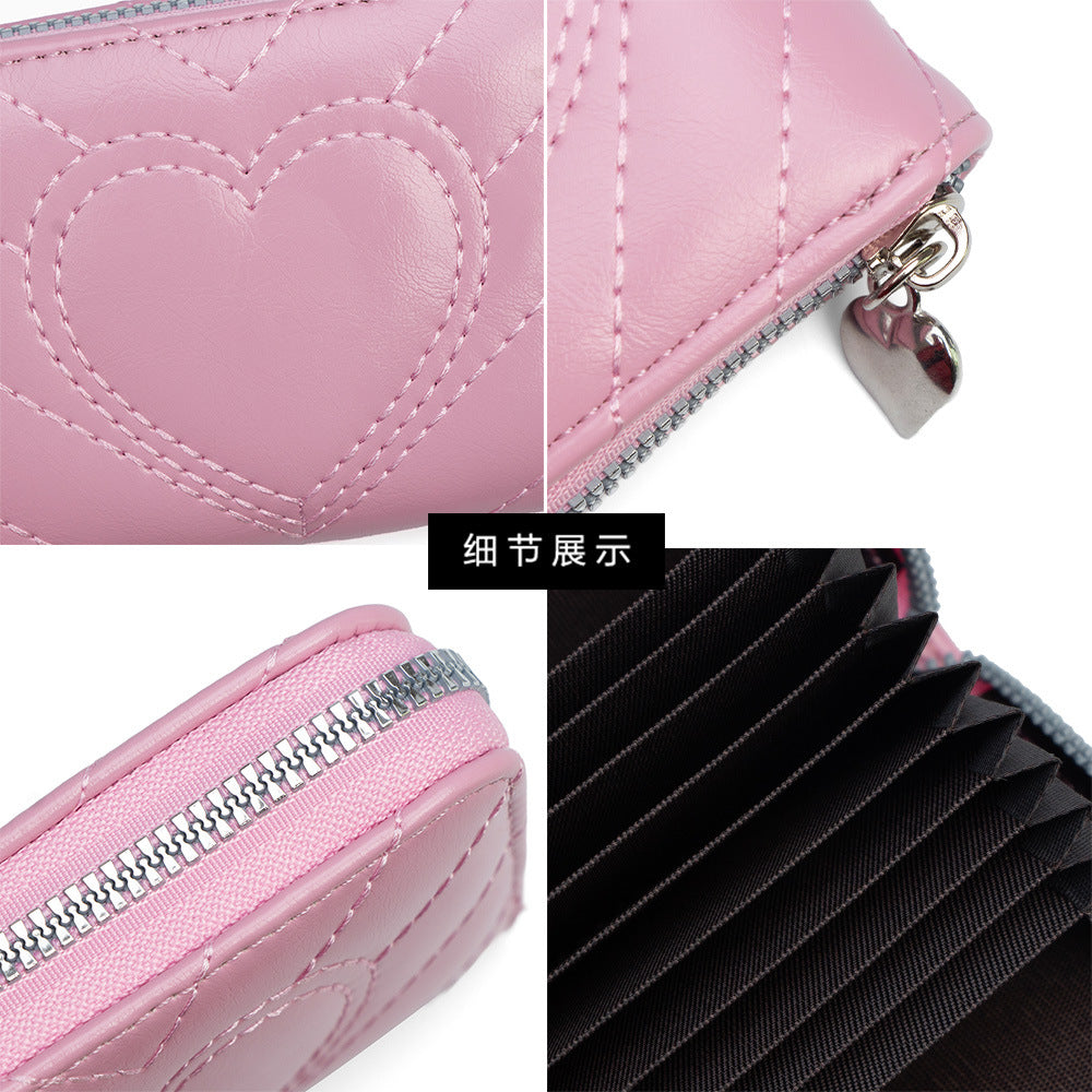 Stylish Heart Embroidery Zipper Card Holder with Multiple Slots and Large Capacity for Daily Use