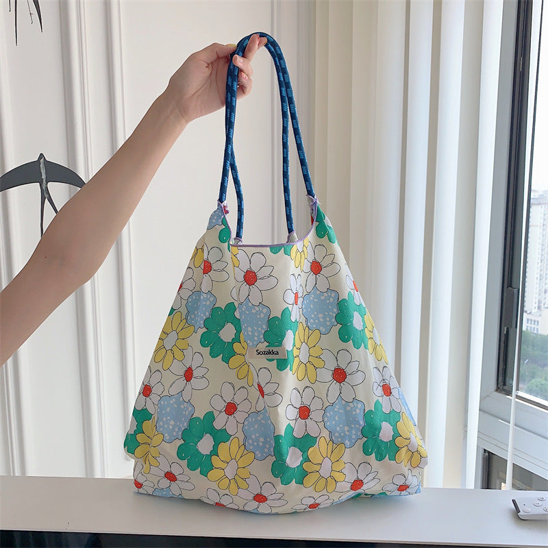 Korean Style Summer Large Capacity Hand Shoulder Bag Drawstring Shopping Bag Fresh Floral Tote Bag Underarm Bag