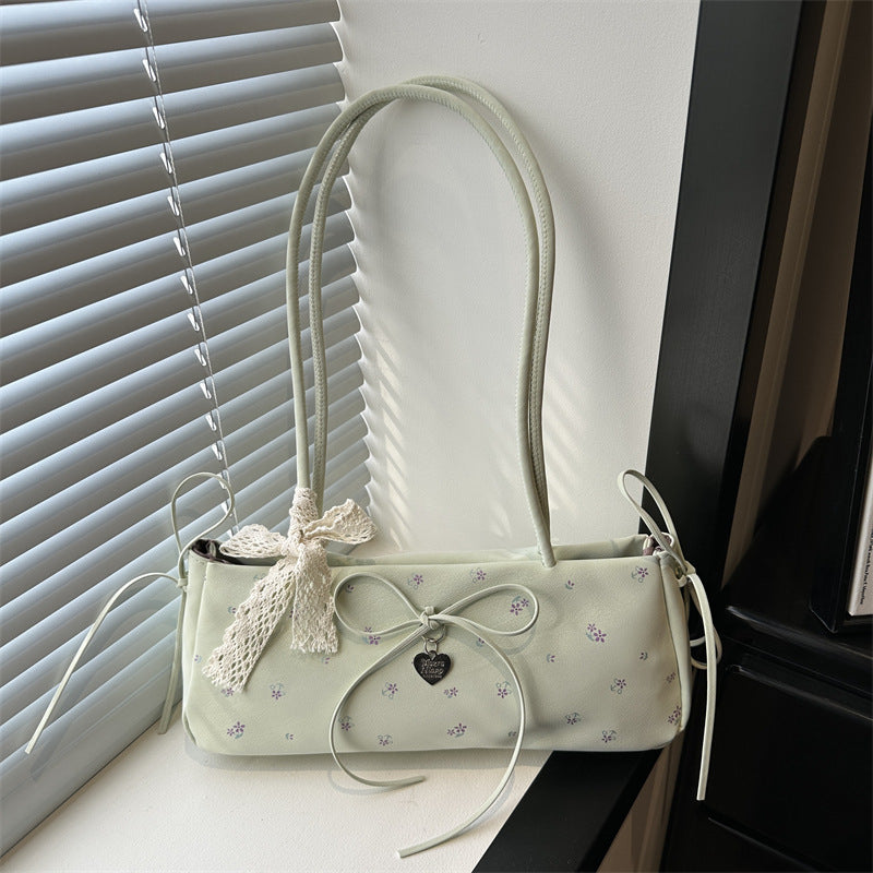Cute Floral Print Tote Bag with Bow Detail for Women, Fashionable Shoulder Bag with Elegant Design and Soft PU Material
