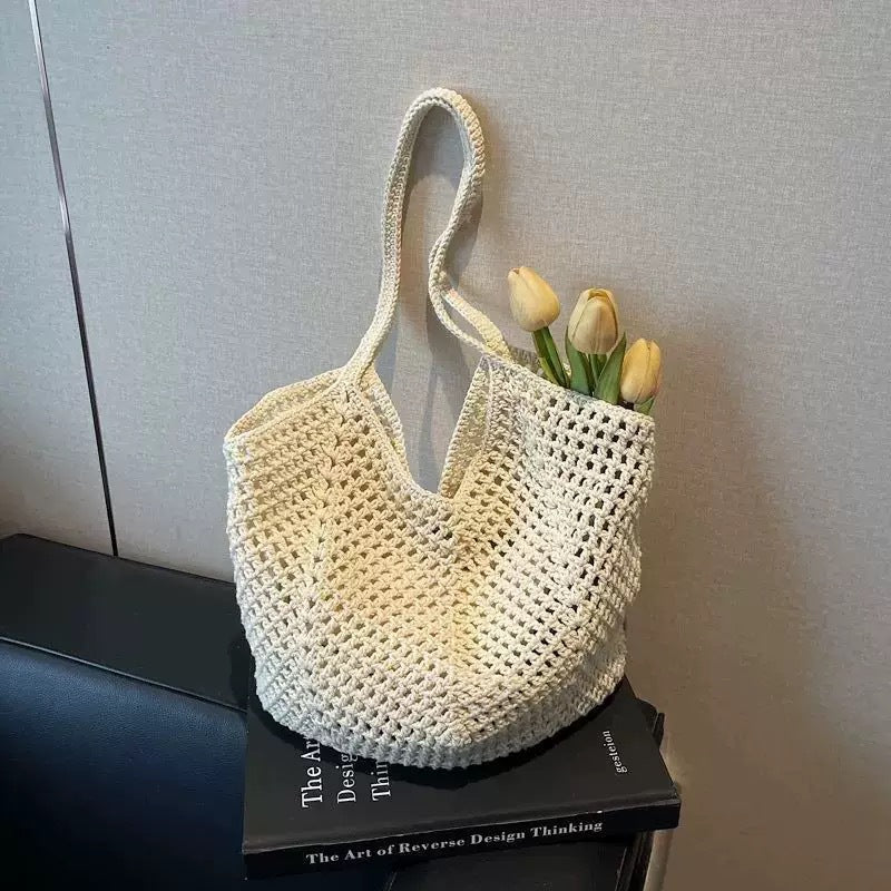 Women's Shoulder Bag Artistic Style Crocheted Daisy Tote Bag Beach Vacation Lightweight Shoulder Bag Leisure Travel Essential Woven Handbag
