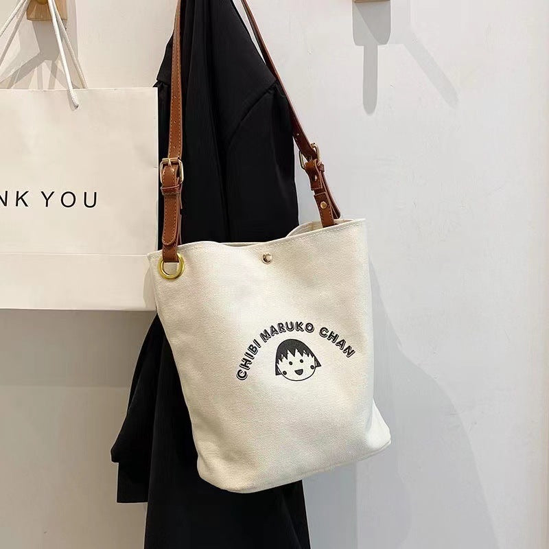 Chibi Maruko Chan Canvas Tote Bag with Cute Print, Magnetic Closure, Single Shoulder Strap for Daily Use