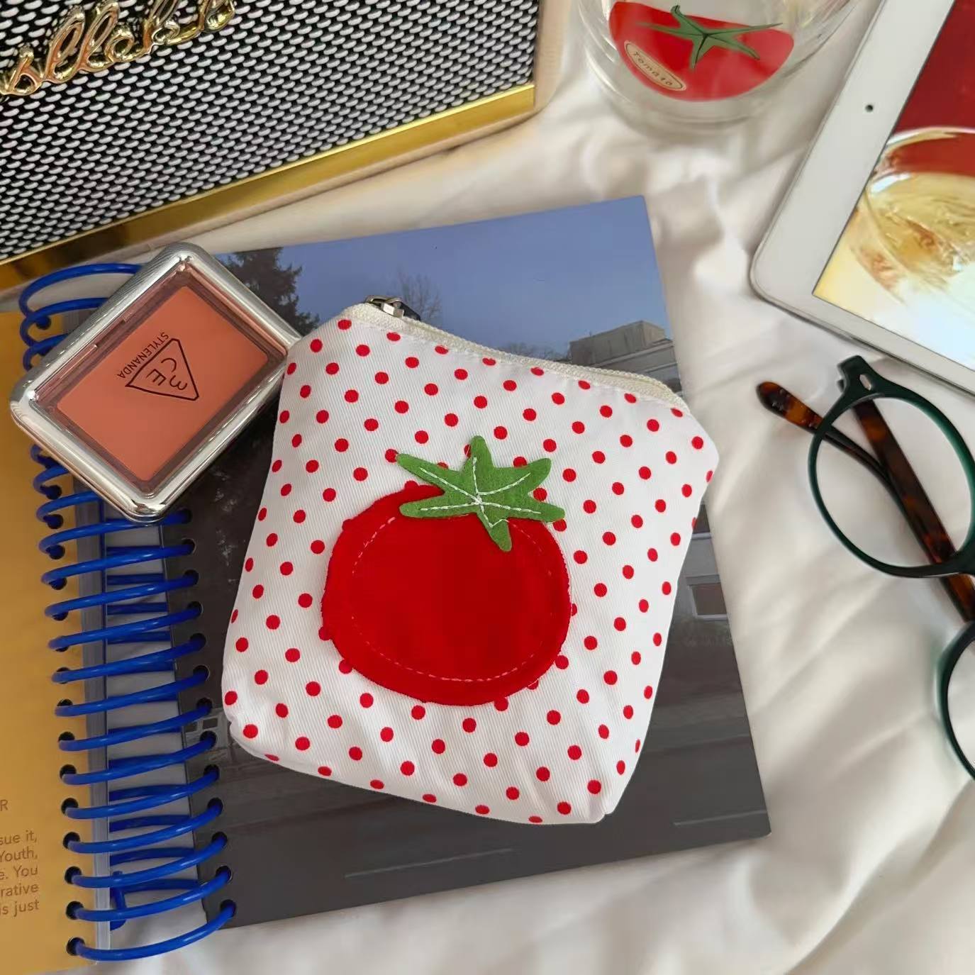 Cute Tomato Polka Dot Mini Pouch for Cosmetics and Earphones, Lightweight and Portable Everyday Accessory