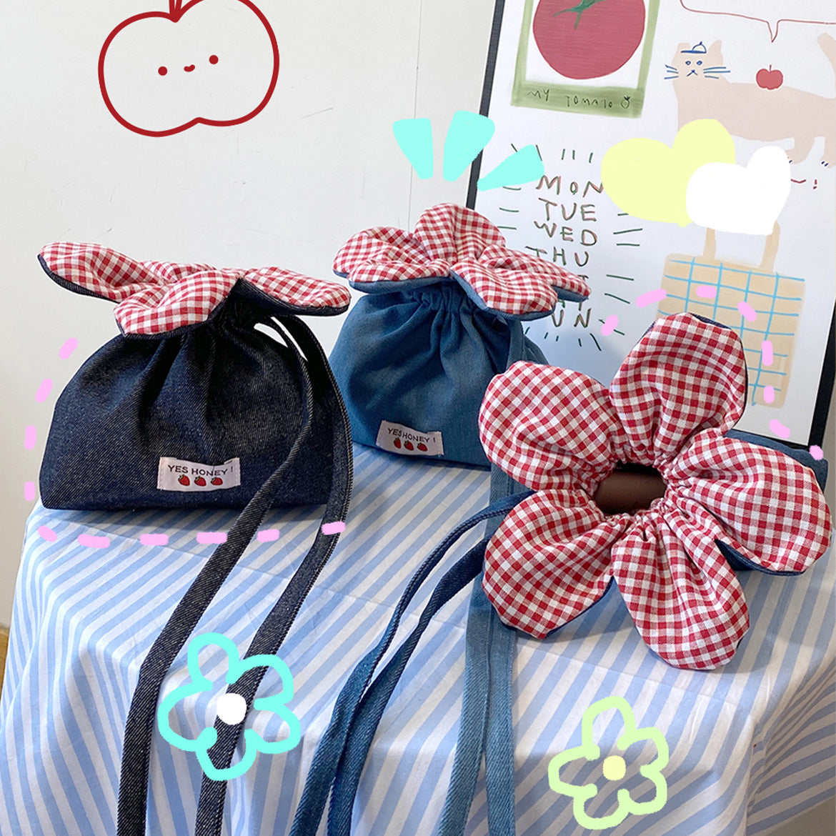 Cute Denim Flower Drawstring Crossbody Bag with Gingham Bloom, Korean Style Casual Phone Pouch for Daily Outings