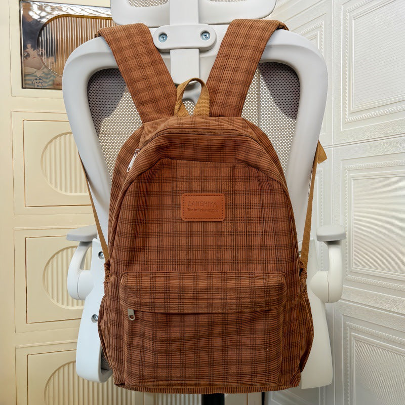 Retro Plaid Corduroy Backpack with Breathable Design for Students, Lightweight and Stylish School Bag with Adjustable Padded Straps