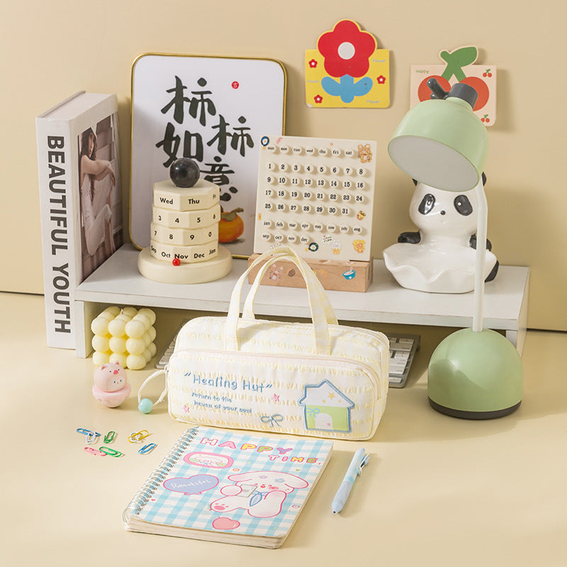 Cute Double-Layer Pattern Lucky Embroidery Pencil Case Large Capacity Portable Portable Ins Style Dopamine Good-looking Stationery