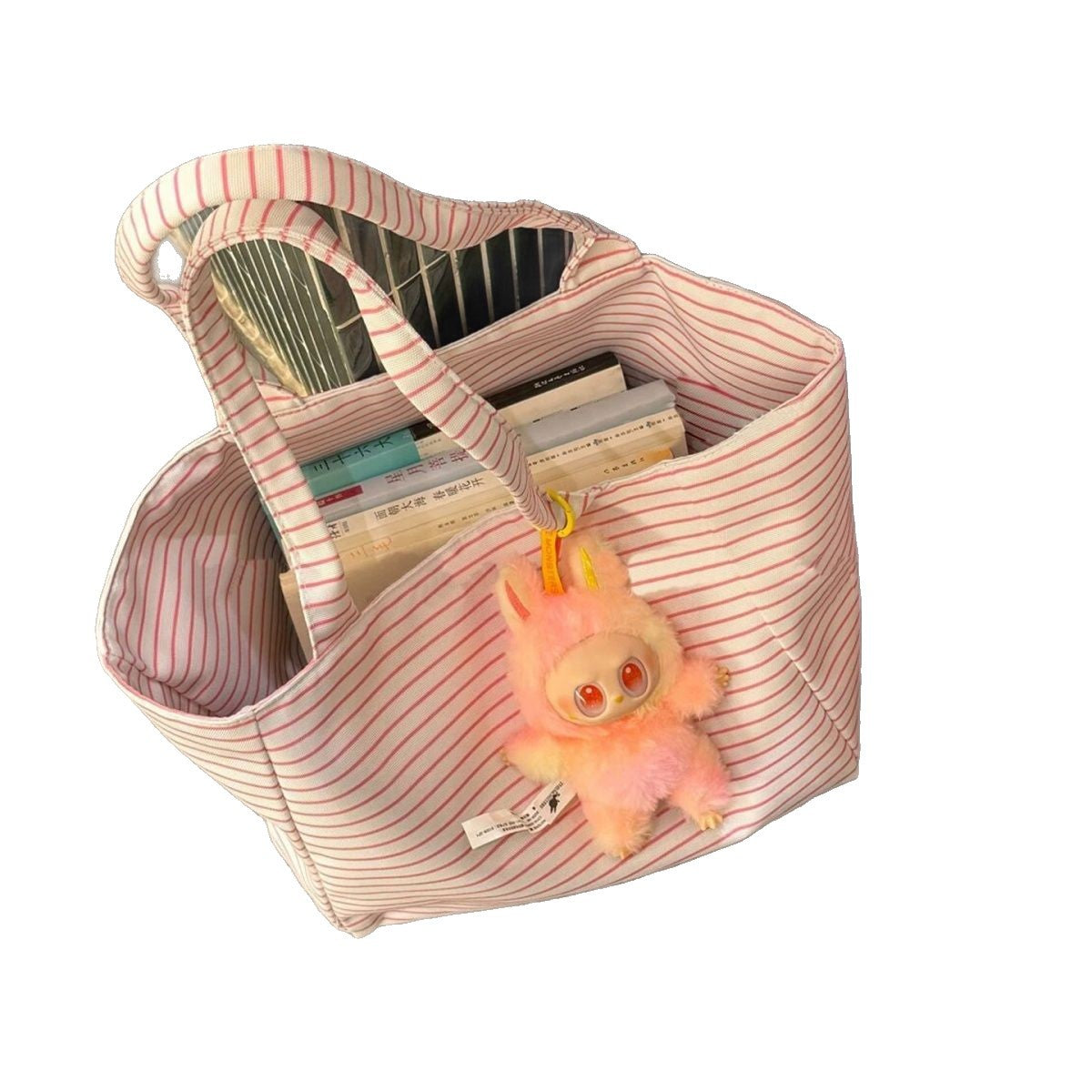 Korean Style Striped Tote Bag with Large Capacity and Cute Charm, Perfect for Daily Commute and Shopping