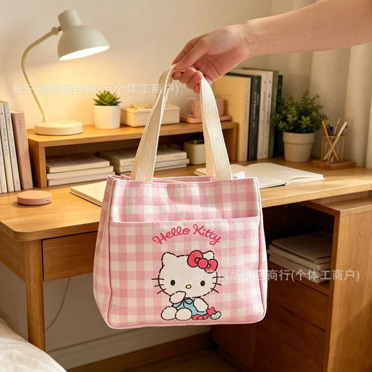 Cute Hello Kitty Checkered Canvas Tote Bag with Large Capacity for Daily Use, Perfect for Students and Office Workers