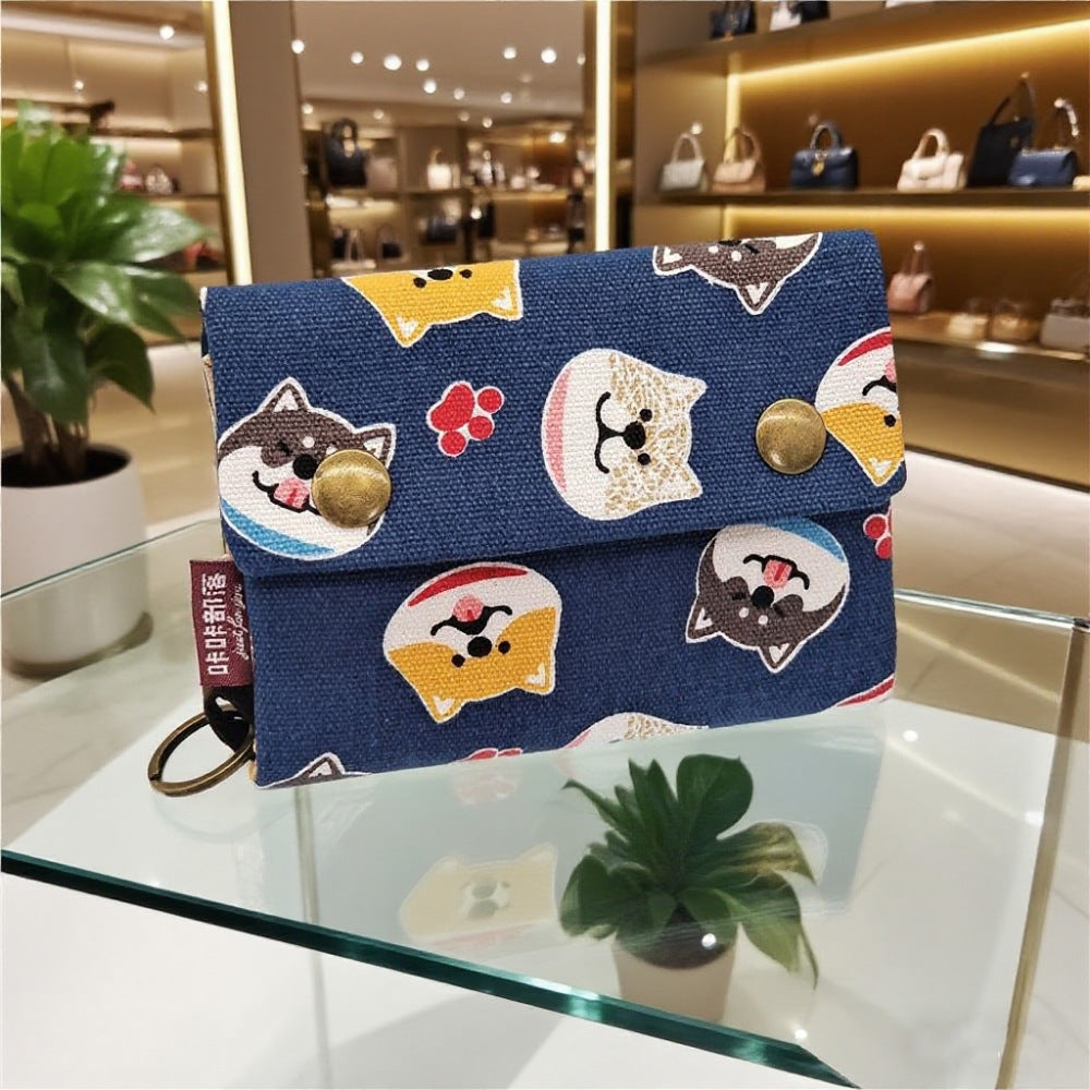 Creative Cartoon Printing Tri-Fold Denim Canvas Wallet Simple Canvas Card Holder Key Case for Both Men and Women