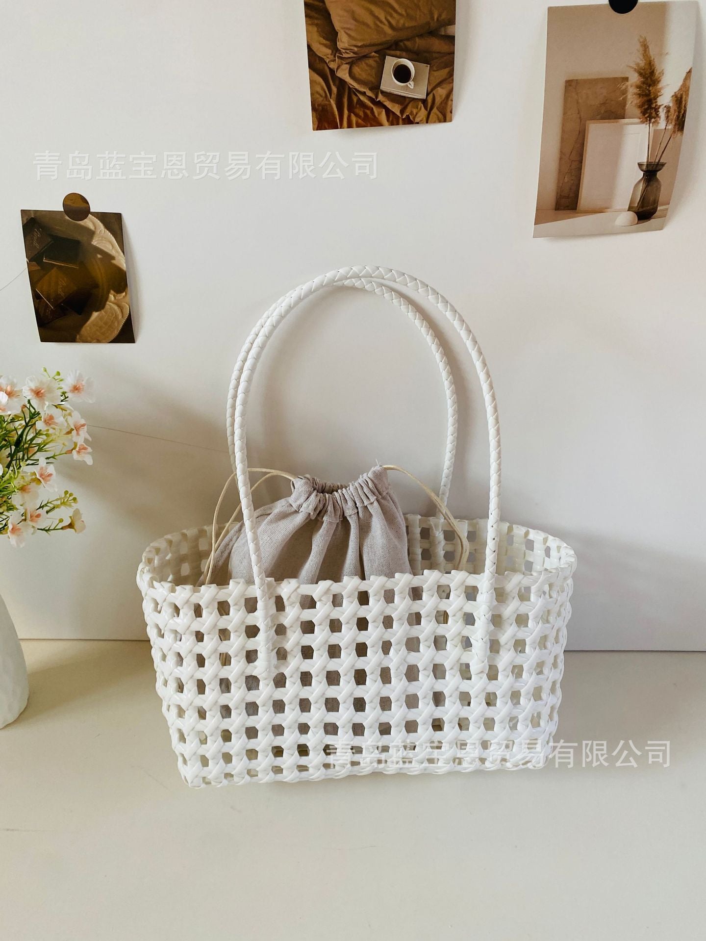 Handbag Weaving Hollow Vegetable Basket Bag PVC Commuter Tote Straw Bag
