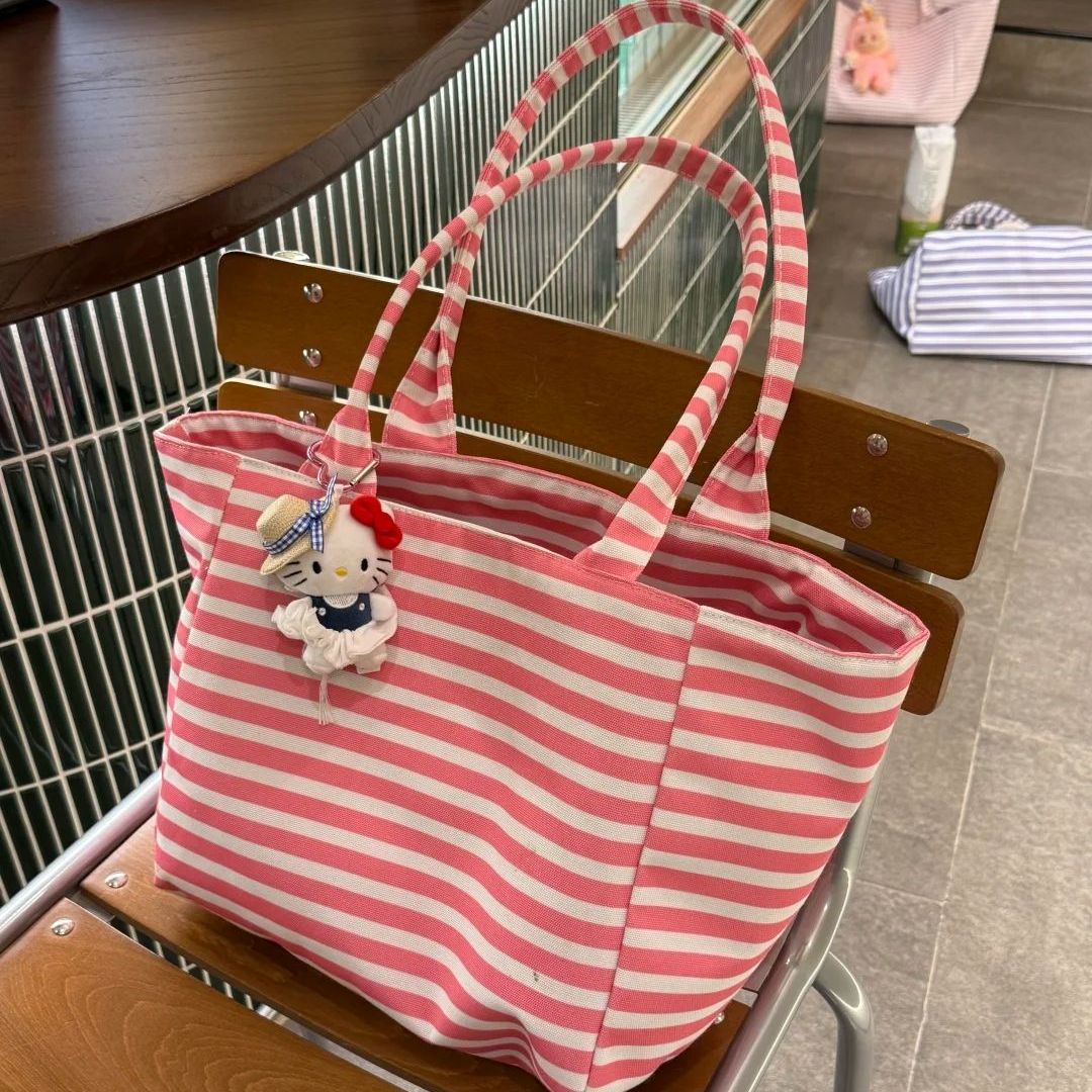 Korean Style Women's Striped Lazy Tote Bag Large Capacity Fashion Shopping Bag Everyday Joker Canvas Bag
