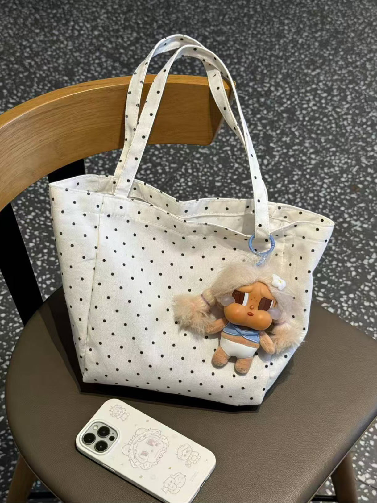 Korean Style Lazy Canvas Tote Bag Women's Large Capacity Polka Dot Design Simple All-Match Daily Shoulder Bag