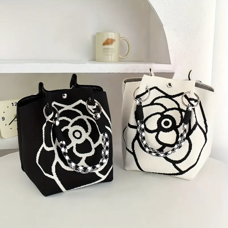 Retro Camellia Flower Large Capacity Knitted Bucket Bag Women's All-Match Casual Handbag