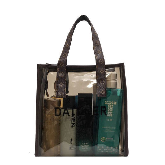 Transparent Waterproof Cosmetic Bag with Fashion Monogram Handles, Large Capacity Travel Toiletry Organizer for Men and Women