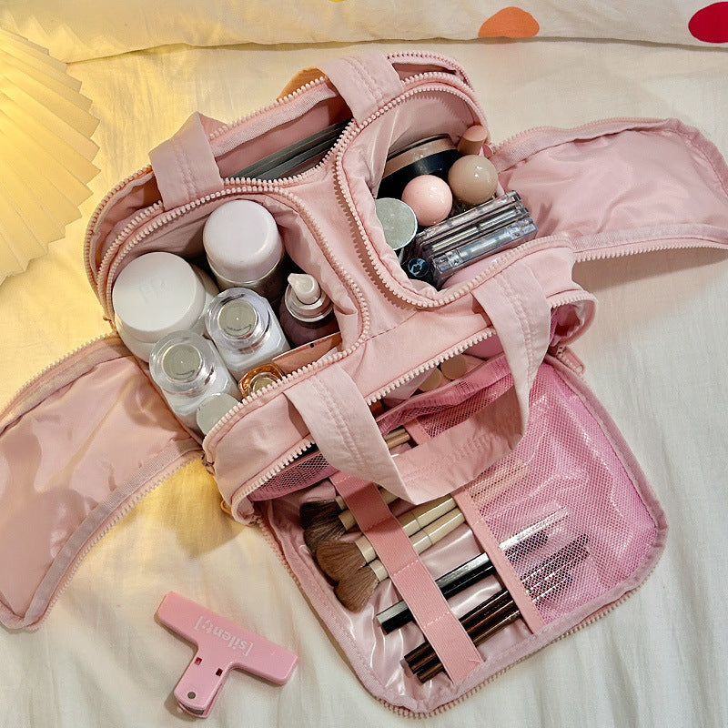 Double Wide Open Large Capacity Fluffy Cosmetic Bag Women's High-End Travel Portable Toiletry Bag Fresh Sweet Style