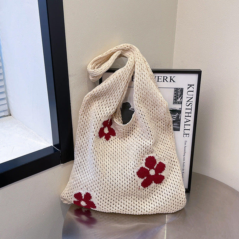One Shoulder Bag Women's Japanese and Korean Retro Cotton Braided Knitted Handbag Flower Beach Vacation