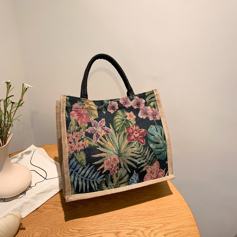 Women's Handbag New Large Capacity Ethnic Style Cotton Linen Tote Bag Flowers Print Magnetic Snap Handbag Daily All-Match Fashion Women's Bag