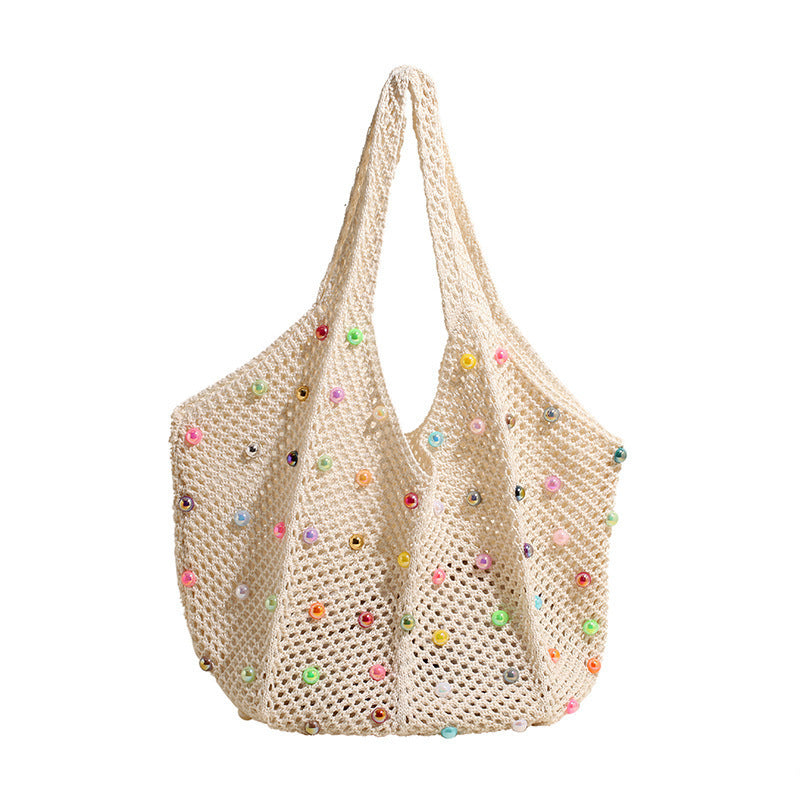 Women's Shoulder Bag Beach Bag Fashionable Knitted Flower Tote Bag Women's Casual Beach Travel Sling Bag Large Capacity Woven Bag
