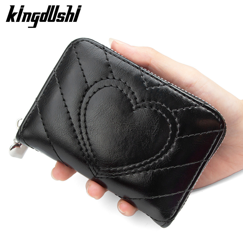 Stylish Heart Embroidery Zipper Card Holder with Multiple Slots and Large Capacity for Daily Use