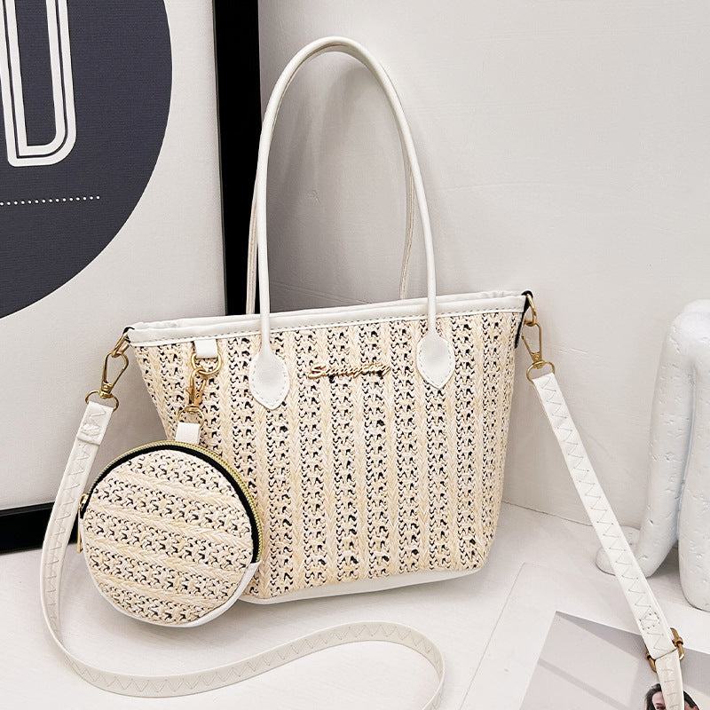 Vegetable Basket Handbag Niche Rhombus Textured Bucket Bag Two-Piece Set Bag Hot Sale Straw Bag Women