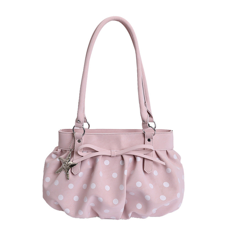 Korean Style Large Capacity Pleated Tote Bag with Polka Dot Print for Women, Casual Shoulder Bag for Daily Use