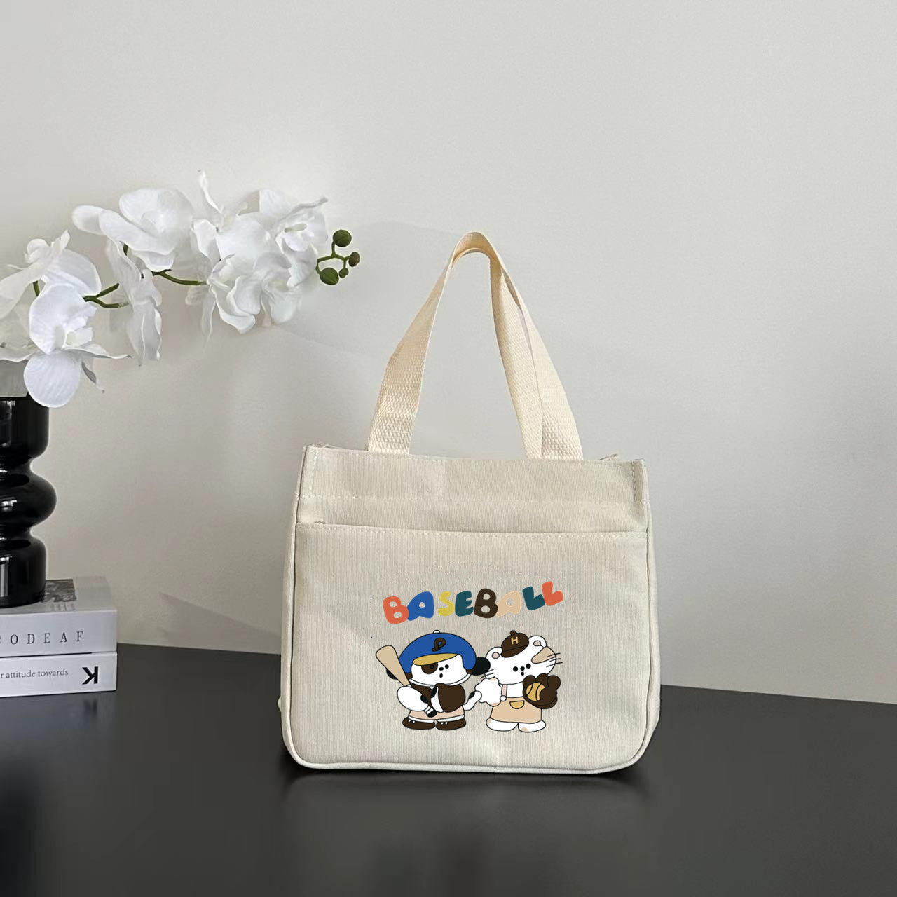 Women's Shoulder Bag Nordic Bear Canvas Tote Bag Zipper Design Cute Cartoon Pattern Daily Commuter Bento Tote Bag