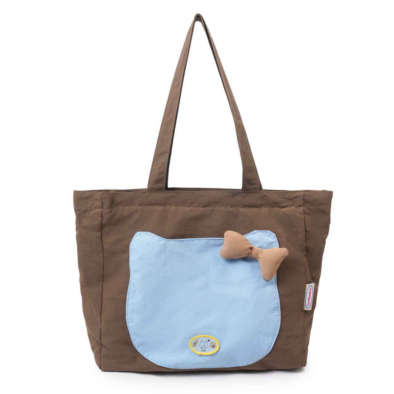 Cute Cat Face Tote Bag with Bowknot Design, Nylon Shoulder Bag for Daily Use and Shopping, Sweet Style