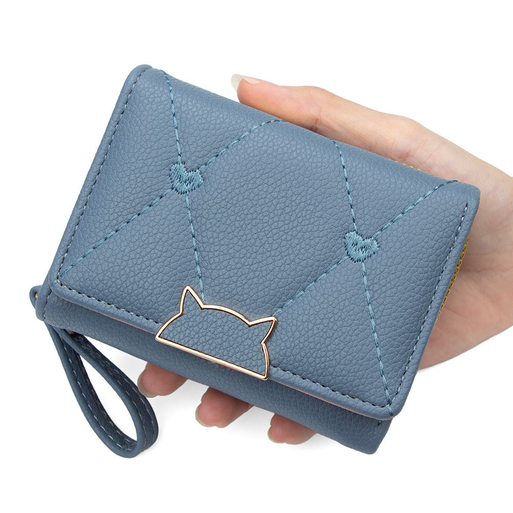 Chic Quilted PU Wallet with Embroidered Hearts and Cat Design, Compact Trifold Purse for Everyday Use