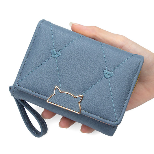 Chic Quilted PU Wallet with Embroidered Hearts and Cat Design, Compact Trifold Purse for Everyday Use