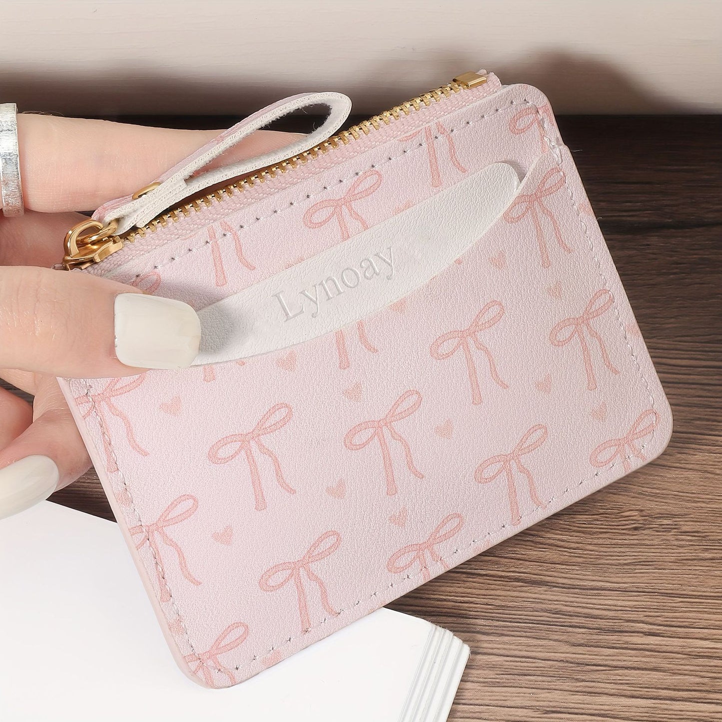Women's Ultra-Thin Zipper Wallet Pink Heart Bow Card Holder Lightweight Daily Card Holder Zipper Closure