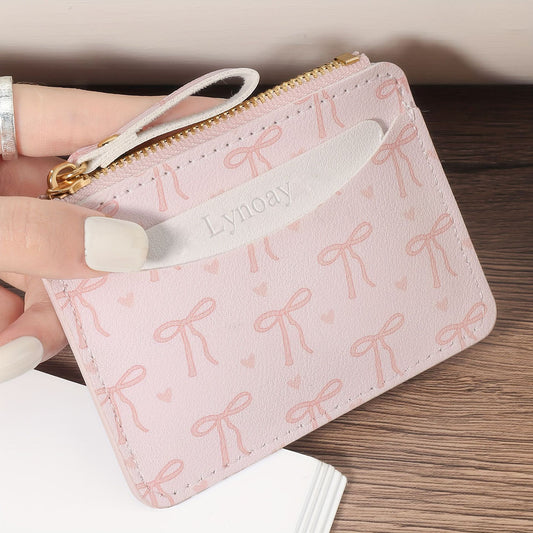 Women's Ultra-Thin Zipper Wallet Pink Heart Bow Card Holder Lightweight Daily Card Holder Zipper Closure