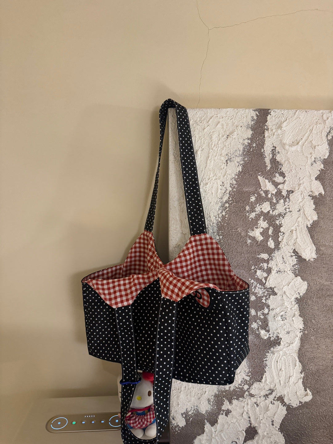 Cute Polka Dot Tote Bag with Red Checkered Bow and Hello Kitty Charm, Perfect for Daily Use