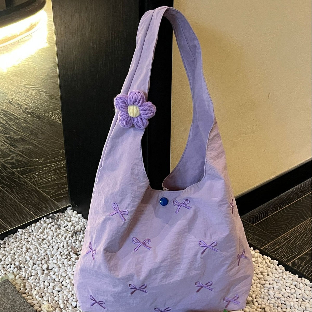 Stylish Embroidered Tote Bag with Bow Details - Large Capacity Shoulder Bag for Daily Use and Travel