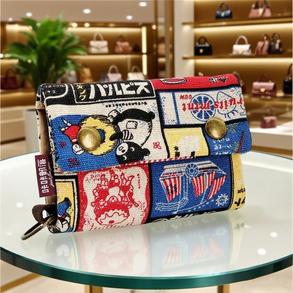 Creative Cartoon Printing Tri-Fold Denim Canvas Wallet Simple Canvas Card Holder Key Case for Both Men and Women