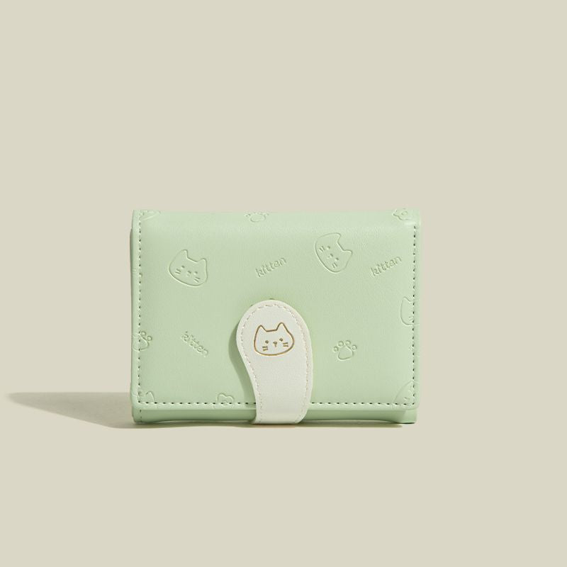 Cat Tail Cute Ladies Card Holder Fashion Buckle Cartoon Printed Pu Short Tri-Fold Coin Purse Wallet