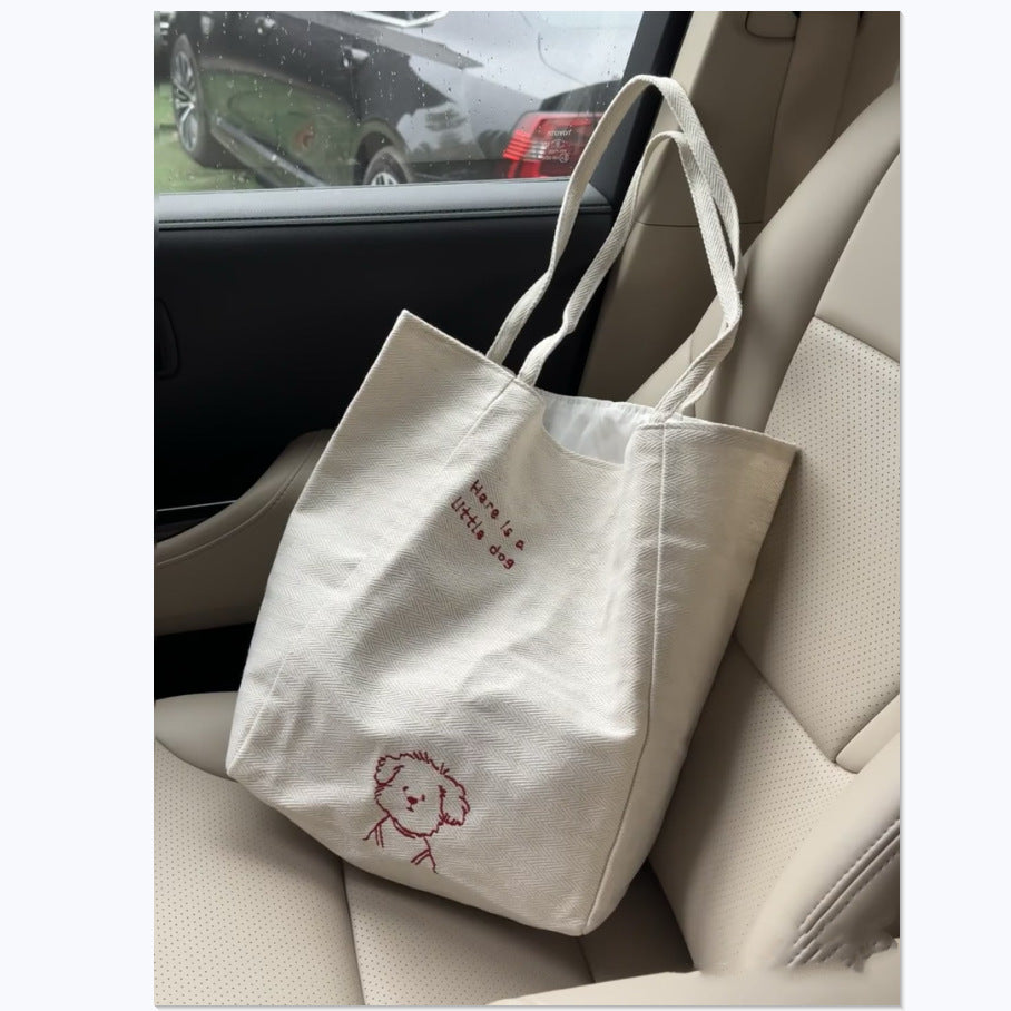 New Bags Two-Side Back Embroidered Canvas Korean Tote Casual Shoulder Large Capacity Bag
