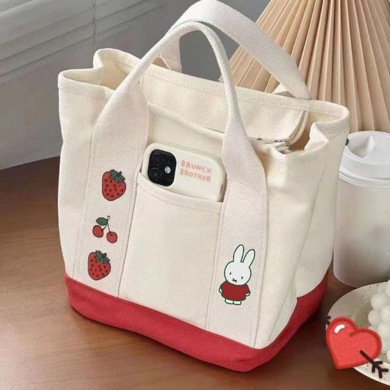 Cute Miffy Rabbit Canvas Lunch Bag with Fruit Prints, Perfect for Students and Travel