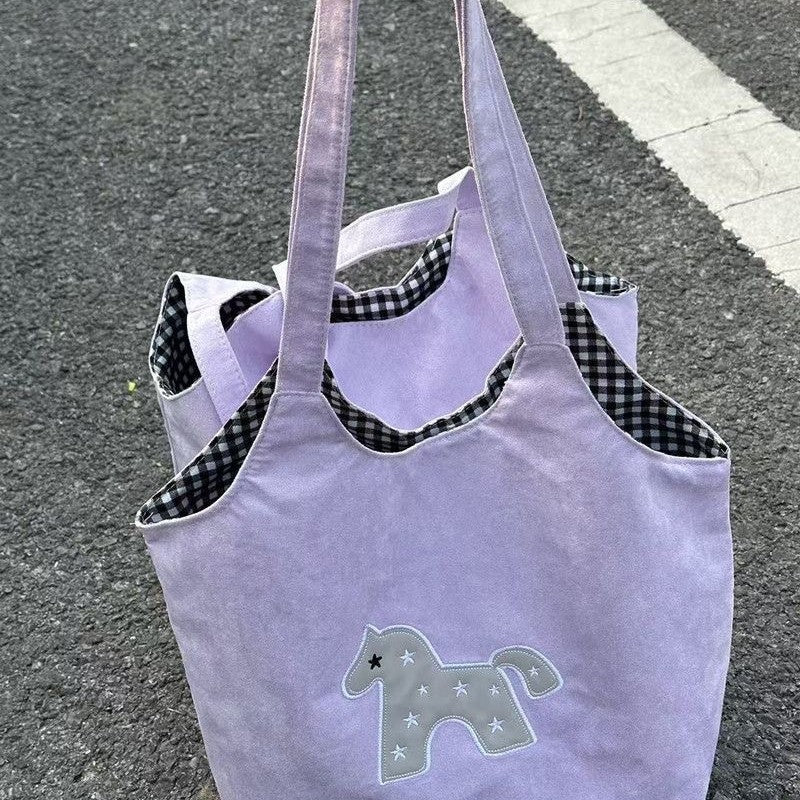 Cute Cartoon Horse Tote Bag for Women, Casual Shoulder Bag with Large Capacity and Inner Pockets, Perfect for Daily Use and School