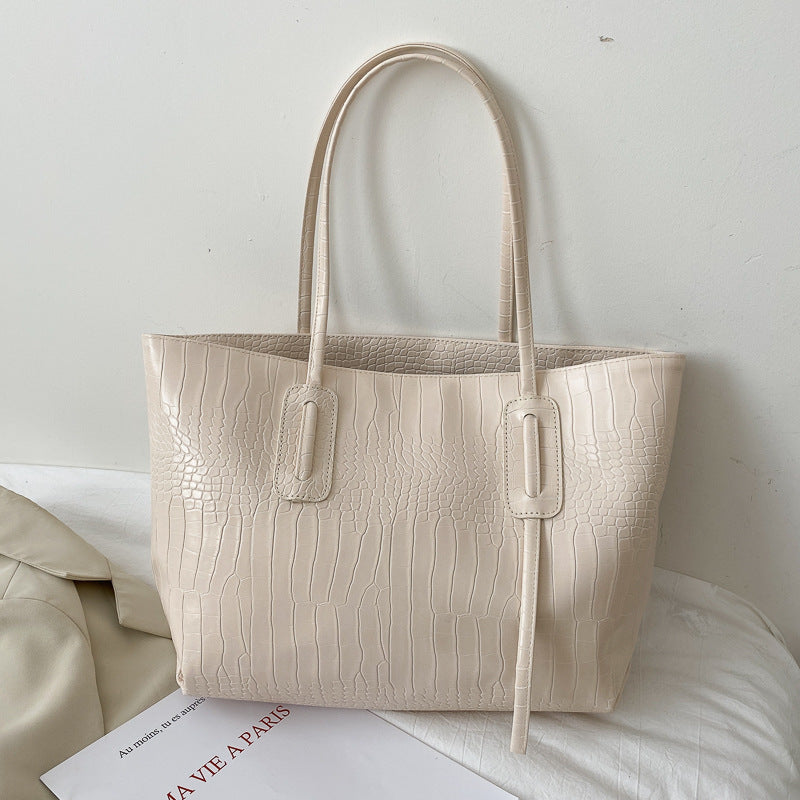 Stylish Crocodile-Textured Tote Bag for Women, Large Capacity Everyday Shoulder Bag with Fashionable Stone Pattern Design