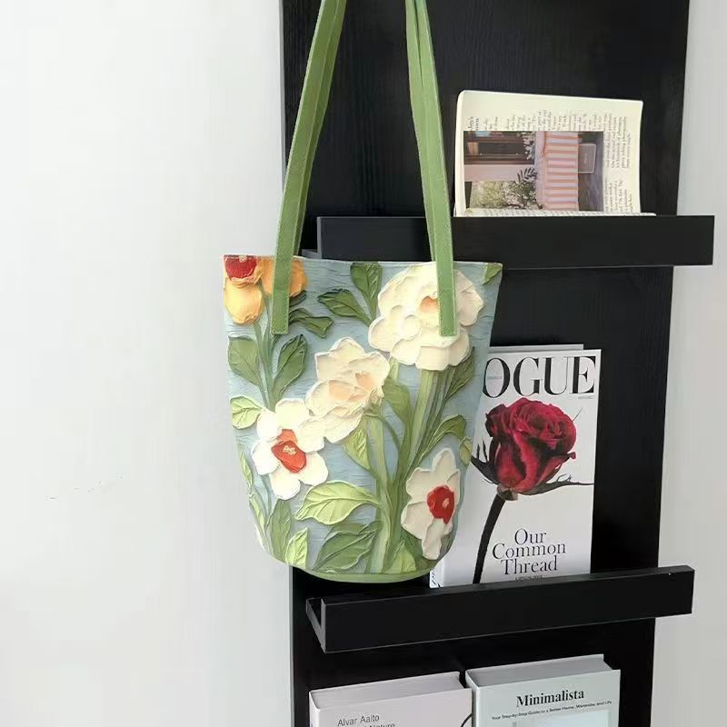 Oxford Cloth Three-Dimensional Bucket Bag Women's Summer Oil Painting Flower Versatile Large Capacity Shoulder Bag