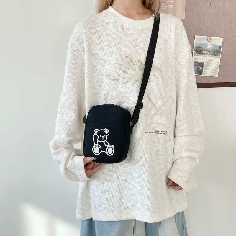 Cute Bear Embroidery Canvas Bag Women's New Shoulder Messenger Bag Versatile Student Phone Bag