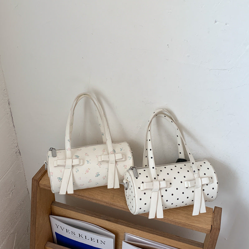 Cute Floral Cylinder Bag with Bow Detail, Fashionable Crossbody Tote for Daily Use