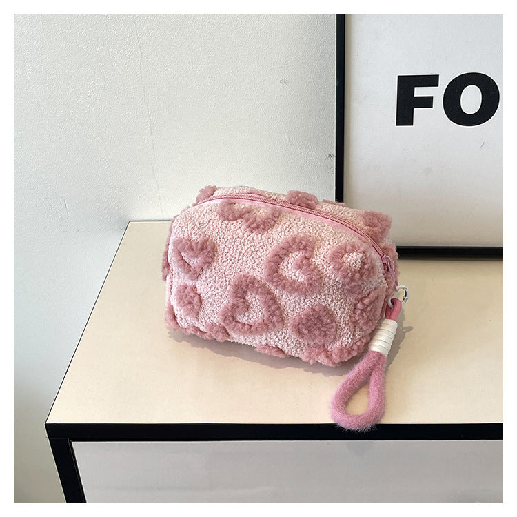 Cute Plush Heart Pattern Cosmetic Bag with Large Capacity and Soft Texture for Daily Use and Travel