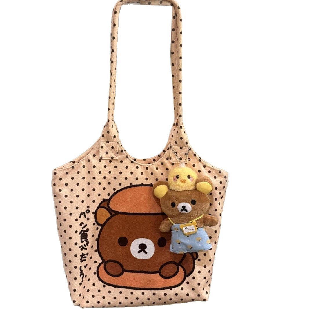 Cute Cartoon Bear Polka Dot Tote Bag for Women, Large Capacity Shoulder Bag with Zipper, Perfect for Daily Commute and School
