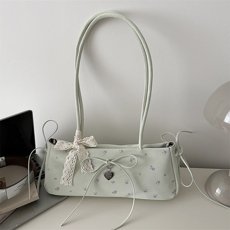 New Fashion Embroidered Handbag for Women Commuter's All-Matching Shoulder Underarm Bow Decoration Baguette Bag