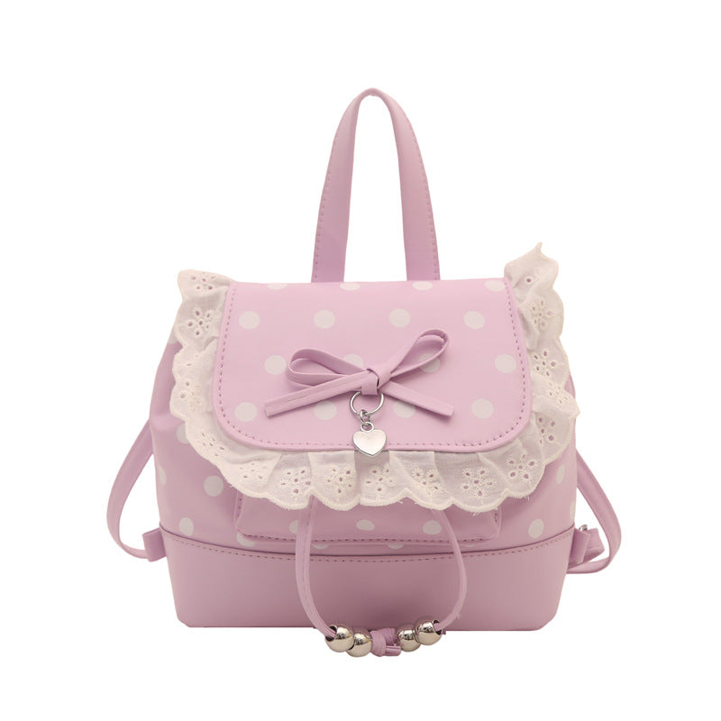 Cute Polka Dot Backpack with Lace Trim and Bow Detail for Girls and Students