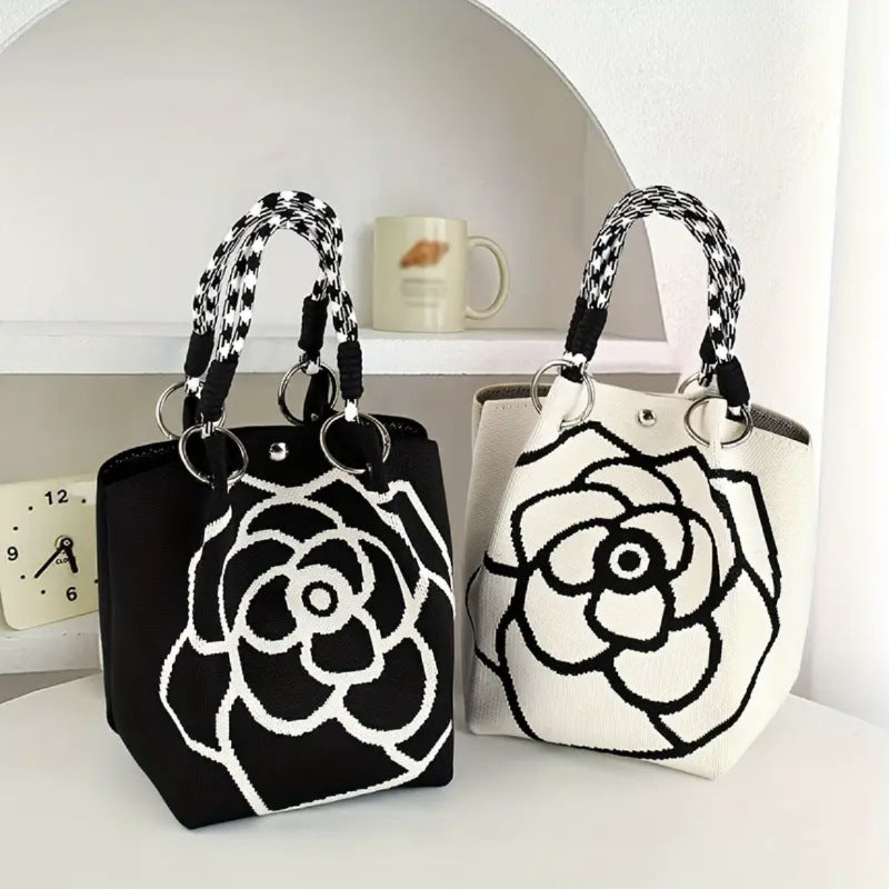 Retro Camellia Flower Large Capacity Knitted Bucket Bag Women's All-Match Casual Handbag