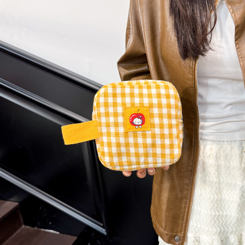 Cute Checkered Mini Cosmetic Bag with Cherry Hello Kitty Design, Perfect for Makeup and Daily Essentials