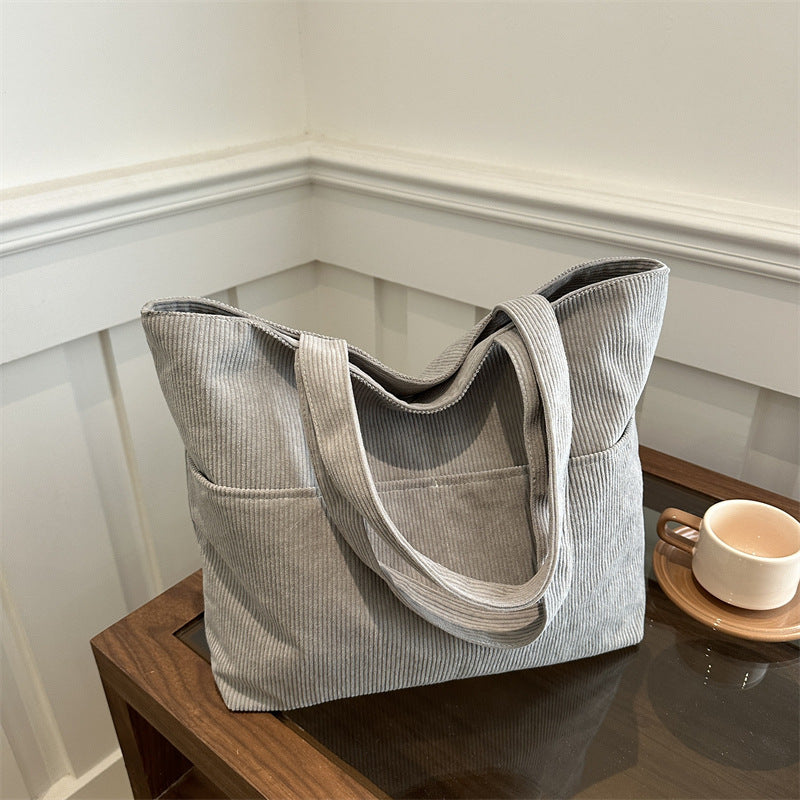 Corduroy Bag Women's Korean-Style Large Capacity New Pure Color Artistic Student Shoulder Tote Bag