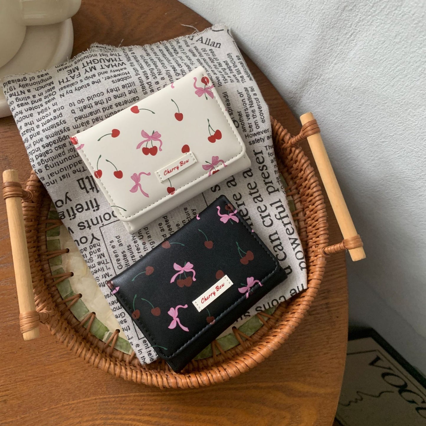 Cute Cherry Pattern Three-Fold Wallet for Women, Fashionable and Spacious Daily Use Purse with Sweet Design