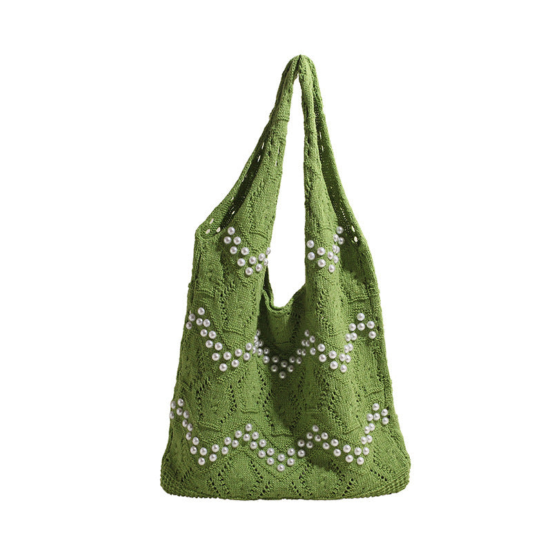 Casual Simple Knitted Bag Women's New Large Capacity Commuter Shoulder Fashion Pearl Tote Bag